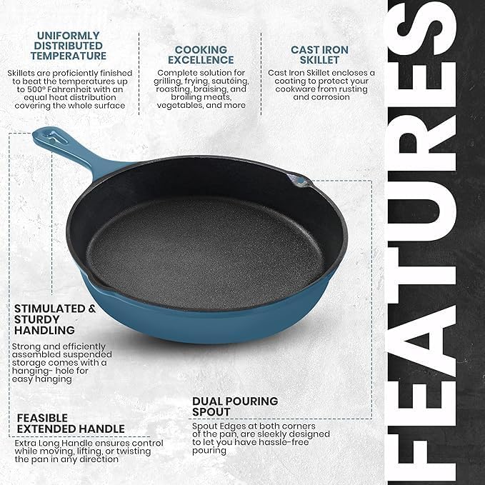 Utopia Kitchen Saute Fry Pan - Pre-Seasoned Cast Iron Skillet Set 3-Piece - Frying Pan - 6 Inch, 8 Inch and 10 Inch Cast Iron Set - Cooking Gift for Men & Women (Teal)