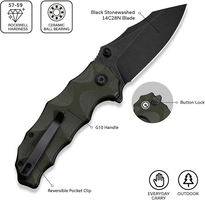 CIVIVI Natterjack Pocket Folding Knife, 3.19" 14C28N Blade G10 Handle with Reversible Clip, Thumb Stud & Flipper Opener Knife for Camping Hiking EDC C24028-1 (OD Green)