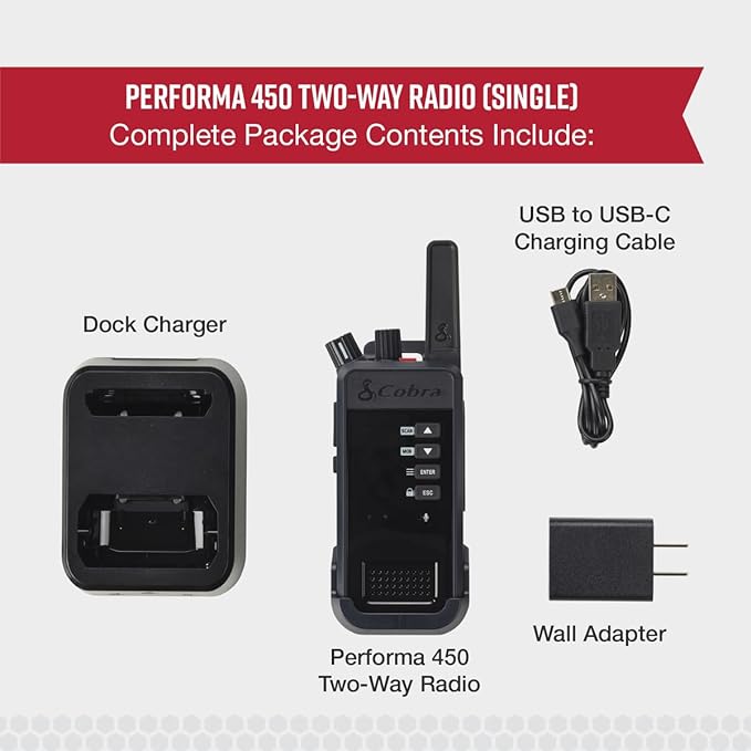 Cobra Performa 450 Business Radio (1-Pack with Dock) - 6-Channel UHF/LMR Professional Two Way Radio, Waterproof Walkie Talkie, Shockproof, IP67 & MIL-SPEC Rated, 18hr Battery, LCD Screen