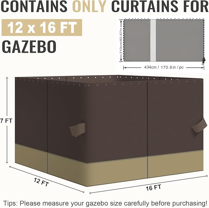 COWVIE 4-Panel 12' x 16' Gazebo Replacement Curtains, Patio Privacy Sidewalls with Double Zipper, Replacement for Outdoor Gazebo Canopy (Curtain Only)