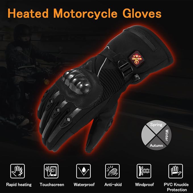 Heated Motorcycle Gloves for Men & Women - 7.4V 3000mAh Rechargeable Batteries, Electric, Touchscreen, Waterproof, Windproof, Non-Slip, Skiing, Cycling, Fishing