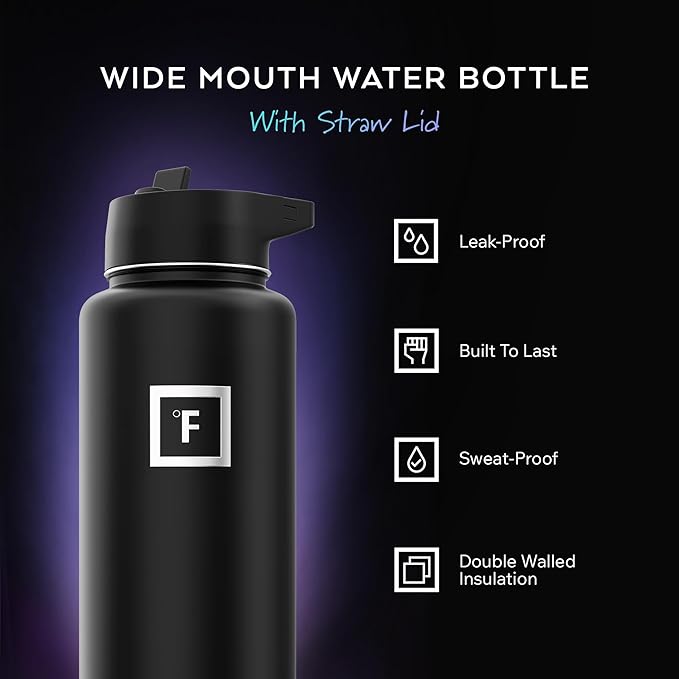 IRON °FLASK Camping & Hiking Hydration Flask with 3 Lids - Stainless Steel, Double Walled & Vacuum Insulated Water Bottle - Leak Proof & BPA Free (Twilight Blue, Straw - 40 oz)
