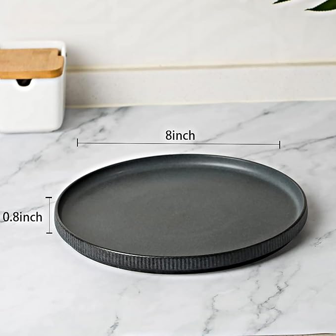 famiware Star Salad Plates for 6, 8 inches Plate Set, Stoneware Dinnerware, Small Dinner Plates for Dessert, Salad, Appetizer, Matte Dark Charcoal (Full Glaze)