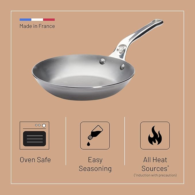De Buyer MINERAL B Pro Carbon Steel Fry Pan - 8” Diameter, 5.5” Cooking Surface - Ideal for Searing, Sauteing & Reheating - Made in France