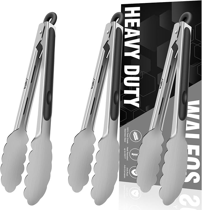 Walfos Kitchen Small Tongs - 7 inch Heavy Duty Mini Food Tongs, Stainless Steel and Non-Slip Heat Resistant Handle - Great for Cooking, Salad, Grilling and Barbecue,3 Piece
