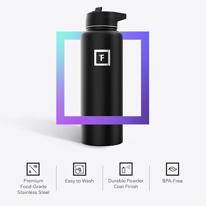 IRON °FLASK Camping & Hiking Hydration Flask with 3 Lids - Stainless Steel, Double Walled & Vacuum Insulated Water Bottle - Leak Proof & BPA Free (Graphite, Straw - 40 oz)