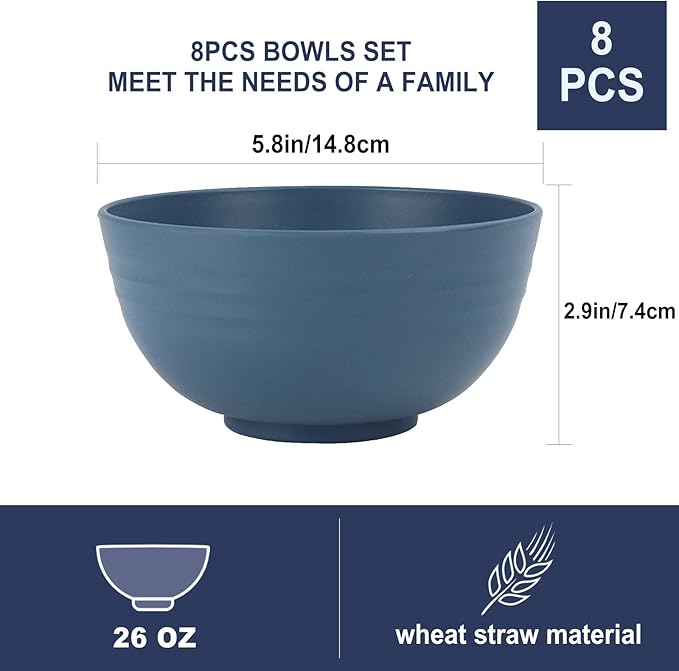 Wheat Straw Bowl Sets,8 PCS Unbreakable Cereal Bowl 26 OZ,Microwave and Dishwasher Safe Bowls,Bowl Sets for Camping and Picnic BPA Free Colorful Salad Bowls for Serving Soup,Oatmeal and Fruit Etcβ¦
