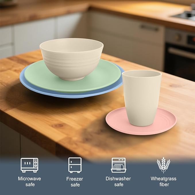 40 PCS Wheat Straw Dinnerware Sets | Service for 8, Unbreakable Plates and Bowls Sets - Dinner Plate, Cereal Bowl, Drinking Cups, Dishwasher & Microwave Safe for Kitchen, Camping,RV - Colorful