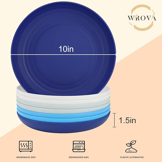 Wheat Straw Plates - 10 Inch Unbreakable Dinner Plates Set of 8 - Dishwasher & Microwave Safe Plastic Plates Reusable - Plates easy to clean for kitchen,camping.White-Grey-Blue, Island Series