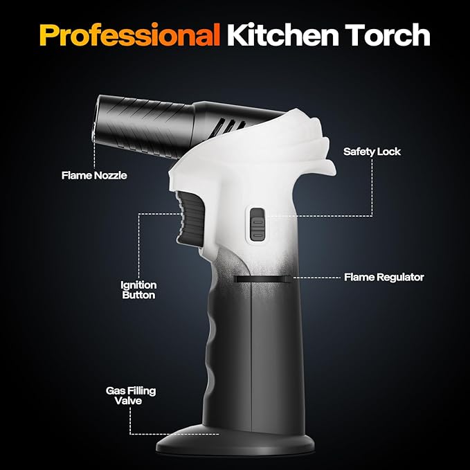 Butane Torch Lighter, 0-90°Rotating Angle Butane Lighter, Refillable Kitchen Torch with Safety Lock, Adjustable Flame for Soldering (White & Black-2 Pack)