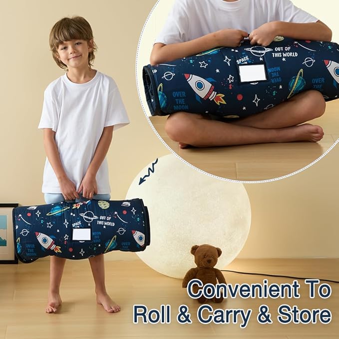 beeweed Toddler Nap Mat, Rollup Design Kid Sleeping Mat with Removable Pillow & Minky Blanket, Toddler Sleeping Bag for Daycare Preschool Travel Camping