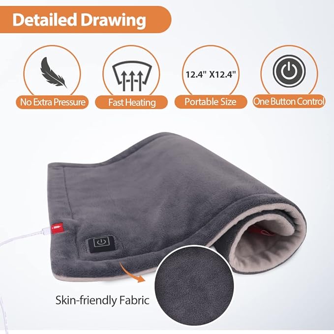 USB Plug-in Heating Pad for Travel Warmth Outdoors, Non-Rechargeable Small Heated Pad 5V Heat Therapy for Pain Relief Abdomen Cramps, 3 Heat Settings & Auto Shut Off (12"x 12") Grey