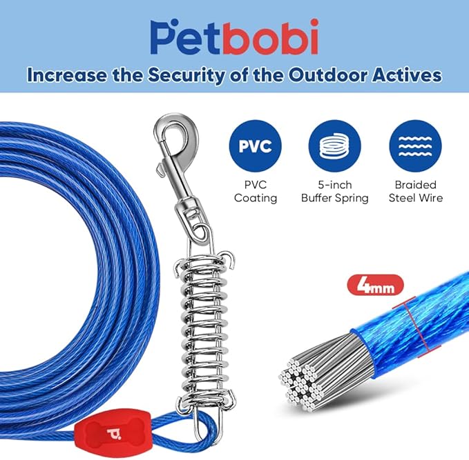 Petbobi Dog Tie-Out Cable and Stake - 40ft Heavy Duty Cable with Spring, No Tangle, 16in Ground Stake, Ideal for Yard, Camping and Beach, Suitable for Medium to Large Dogs Up to 120 lbs, Blue