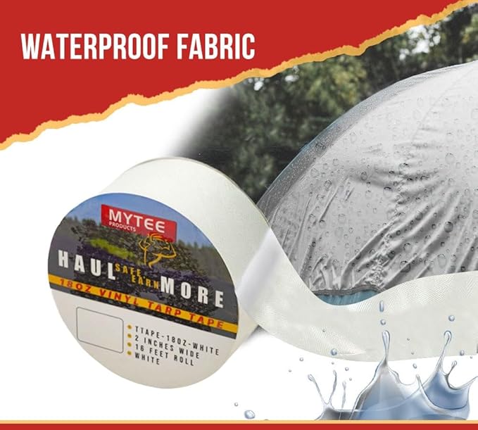 Mytee Products 18 oz Waterproof White Vinyl Tarp Repair Tape 2 Inch x 16 FT with Heavy Duty Adhesive Backing - Tarp Patch Kit, Tarp Repair Kit