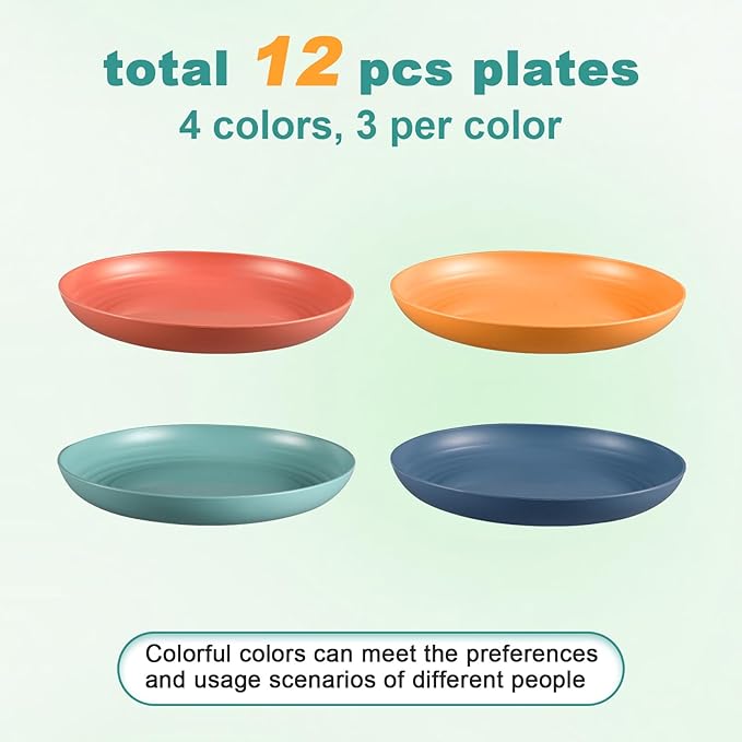 12 Pcs Unbreakable Deep Dinner Plates Set, 10 inch Reusable Plastic Wheat Straw Plates, Microwave and Dishwasher Safe Plate for Kitchen, Lightweight Plate for Dessert, BPA Free, 4 Colors