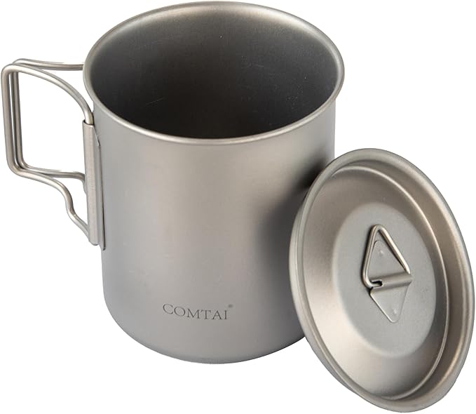 Titanium Camping Pot Mug 15oz (420ml) with Lid and Foldable Handle – Ultralight Camping Cup for Hiking, Backpacking, Outdoor Cooking, Silver