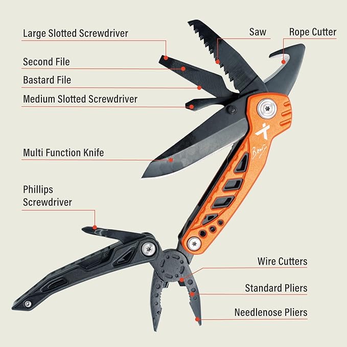 Utility Tool by Bear Grylls, Multitool Pocket Knife For Camping, Hiking, EDC and Survival, with Bottle & Can Opener, Pliers, Screwdriver, Sheath - Black Oxide Finish, Medium