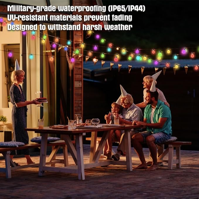 Honche Smart Outdoor String Lights, 36FT Outdoor Lights with 15 Dimmable RGB LED Bulbs, Color Changing 213 Scene Modes for Patio, Backyard, Garden,Balcony, Camping,Waterproof,Remote/APP Control,USB