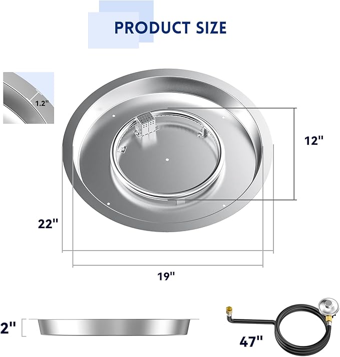 Skyflame 19" Round Stainless Steel Fire Pit Drop-in Burner Kit with CSA Certified, Flame Sensing, Electronic Spark Ignition, Propane Regulator Connector Hose Set for Propane Tank