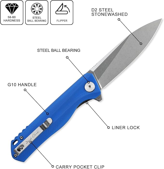 Petrified fish G10 handle D2 steel blade 2CR13 liner ball bearing flipper folding knife camping hunting EDC pocket tool PF818 (Blue, Stonewash)