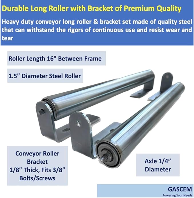 Long Roller with Bracket Set | 16" Length, 1.5" Diameter | Galvanized Steel | Versatile Support for Roller Stands, Woodworking, and Conveyors | Pack of 2