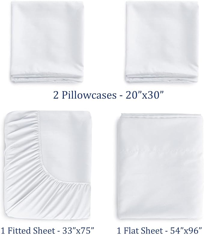 Cot Sheets 33" x 75" - 4 PCs Cot Sheet Set - 600TC 100% Cotton Sheet Set - Cot Size Fitted Sheets Perfect for Narrow Twin/Camp Bunk/Rvs Bunk/Guest Beds/Trifold Mattress, 4-8" Deep Pocket - White