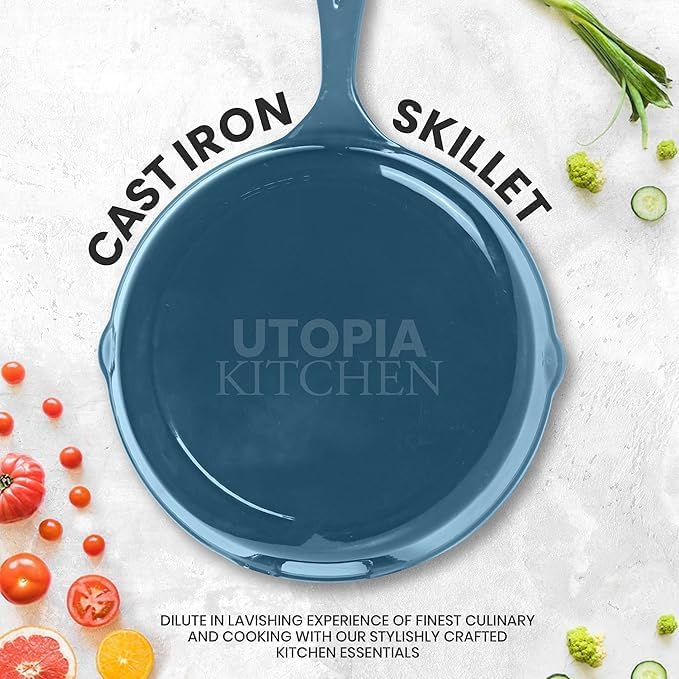 Utopia Kitchen Saute Fry Pan - Pre-Seasoned Cast Iron Skillet Set 3-Piece - Frying Pan - 6 Inch, 8 Inch and 10 Inch Cast Iron Set - Cooking Gift for Men & Women (Teal)