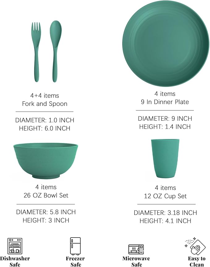 Wheat Straw Dishes Sets for 4 | Unbreakable Plastic Plates and Bowls Sets 20 PCS, Kids Dinnerware Set for Outdoor Camping, Dorm, Kitchen, Microwave Safe Kids Plates, bowls,Cups (Green)