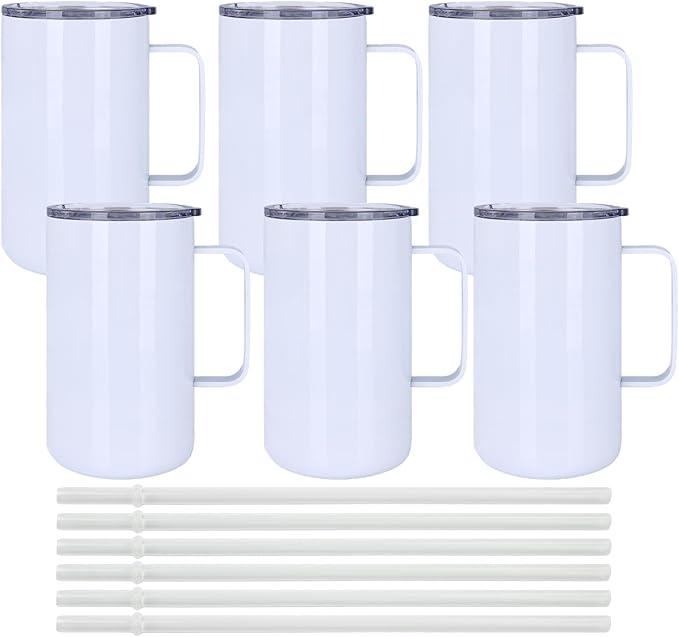 6 Pack 20 oz Sublimation Tumblers with handle Coffee Blanks, with Lid and Straw Cups Blank Bulk, Straight Skinny Insulated Cup Stainless Steel Water Bottle for Craft DIY…