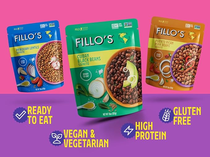 Fillo's Puerto Rican Rice And Gandules - Ready To Eat Rice With Beans, Gluten-Free, Preservative-Free, Microwavable Meals, Non-GMO, Vegan, Plant Protein, 8 oz Pk of 6