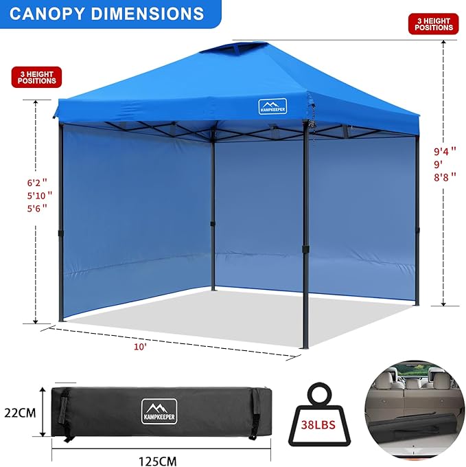 KAMPKEEPER 10x10 Pop Up Canopy Tent with 2 Sidewalls, Beach Tent - Easy Outdoor Sun Shade for Events, Parties, Camping - Gazebo with 4 Weight Bags & Carry Bag.(Blue)