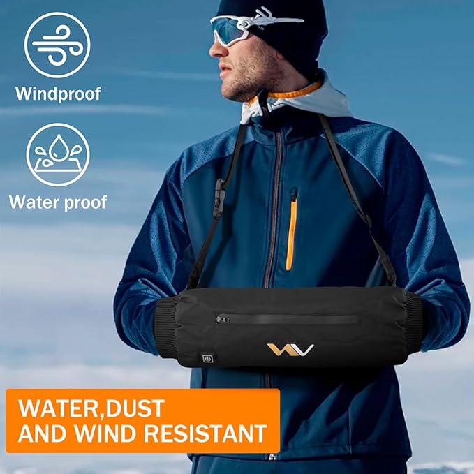 Heated Hand Warmer Pouch with Adjustable Belt, USB Powered Electric Heating Muff with 3-Temperature Settings for Instant Warmth, Weatherproof, Zipped Pocket. Power Bank not Included