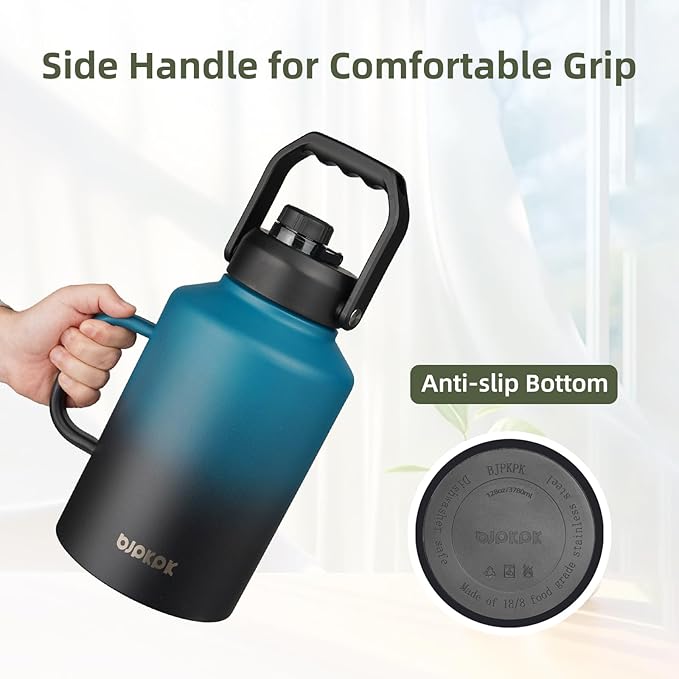 BJPKPK 1 Gallon Water Bottle with Handle, Large Dishwasher Safe 128oz Insulated Water Bottle, BPA Free Water Jug, Wide Mouth Metal Water Bottle with Anti-slip Bottom, Keep Cold & Hot,Sky