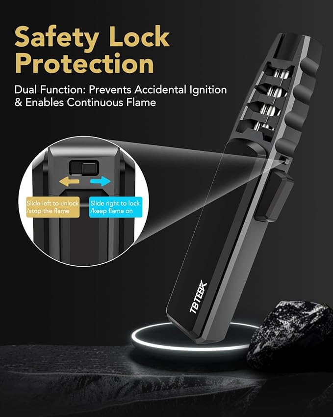 TBTeek Butane Torch Lighter - Adjustable Jet Flame Lighter, Blow Torch, Refillable Bright Fire Torch, Cooking Torch with Safety Lock for Kitchen, BBQ, Baking, Candle, Camping, Black (Gas Not Included)