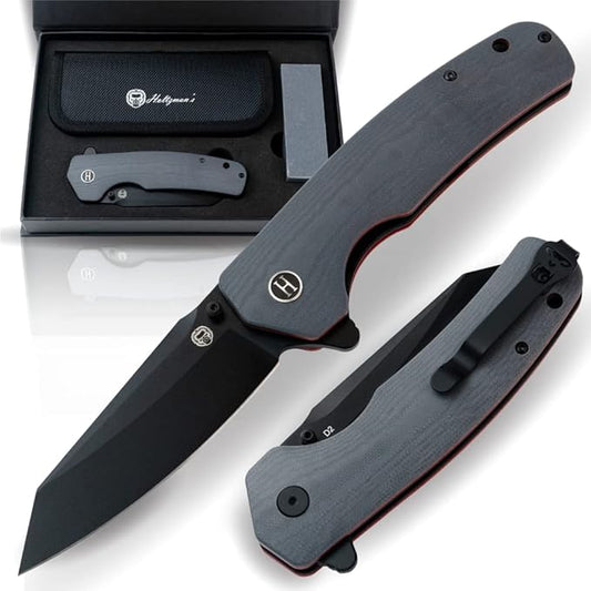 Clip Point Folding Knife with G10 Tactical Handle, D2 Steel Blade, Gift Box Set (Grey+Red) - Ideal for Outdoor Enthusiasts - Holtzman's Gorilla Survival