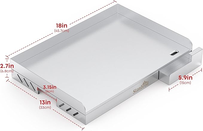 Stanbroil Universal Stainless Steel Grill Griddle with Even Heat Cross Bracing for BBQ Charcoal/Gas Grills, Camping, Tailgating, and Parties 18” x 12.5”