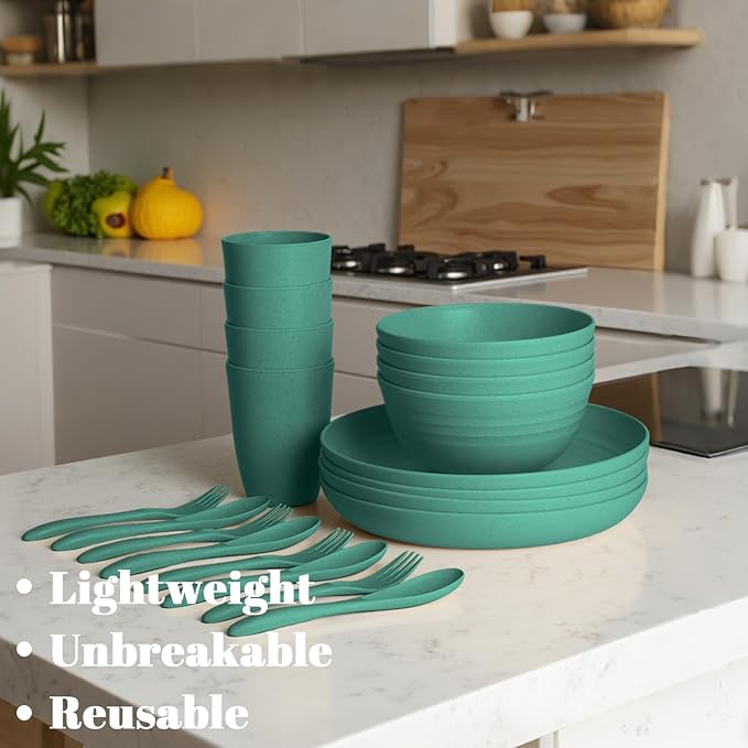 Wheat Straw Dishes Sets for 4 | Unbreakable Plastic Plates and Bowls Sets 20 PCS, Kids Dinnerware Set for Outdoor Camping, Dorm, Kitchen, Microwave Safe Kids Plates, bowls,Cups (Green)