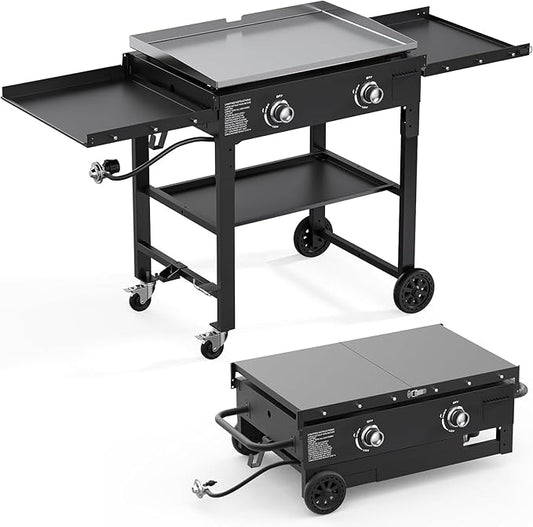 2 Burner Foldable Gas Griddle, 28 Inch Stainless Steel Portable Detachable Propane Griddle, 30,000 BTU Flat Top Barbecue Grill with Side Shelves for Camping