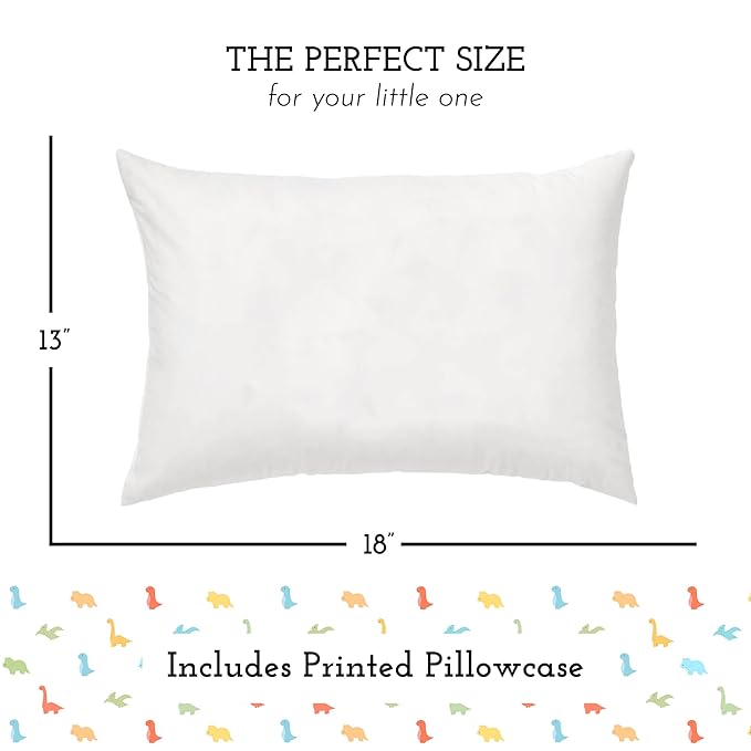 Little Sleepy Head Toddler Pillow with Pillowcase 13x18 - Kids Pillow for Sleeping - Better Neck Support Ergonomic Pillow and Toddler Pillowcase - Best Pillows for Kids (Little Dinos)
