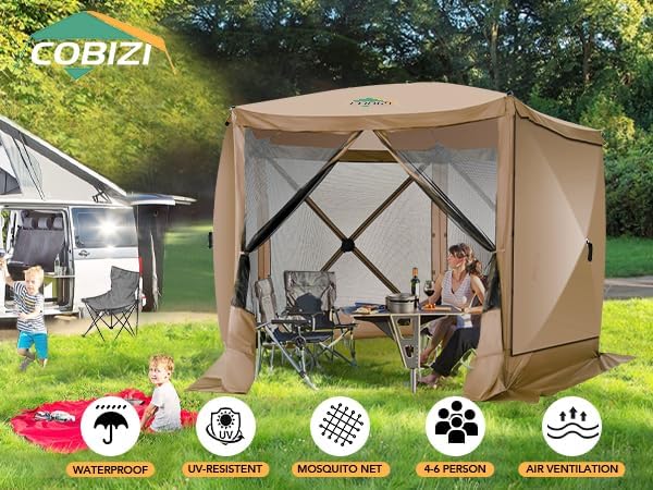 COBIZI 10x10 Pop up Gazebo Screen House Tent for Camping, Pop-up Camping Canopy with Sidewalls, Portable Outdoor Quick-Set Hub Tent with Carrying Bag&Ground Stakes, Khaki(Upgraded 2.0)
