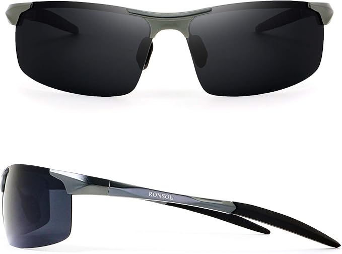 RONSOU Mens Sunglasses Polarized Sport UV Protection Ultralight Al Mg Sunglasses for Men Fishing Driving Golf