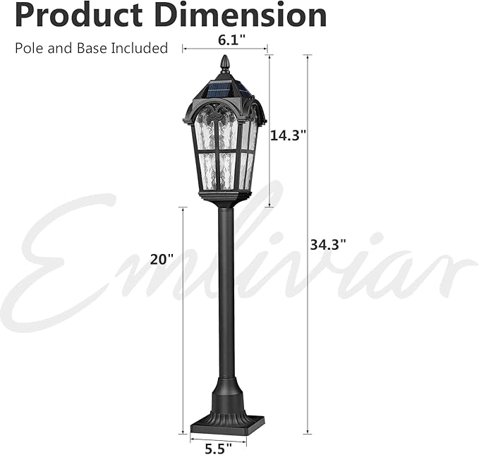 Emliviar Solar Pole Light with Pier Mount Base, Auto On/Off Walkway Lamp in Black Finish, Solar Pathway Light with Water Grain Glass Shade, LED Bulb Included, YXE302PL-SL BK