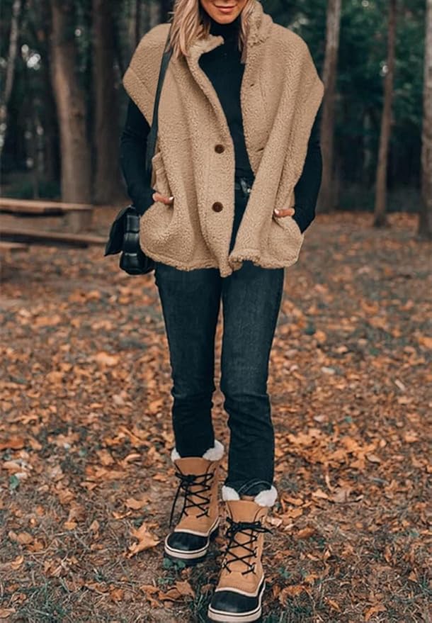 Hongqizo Womens Fuzzy Fleece Vest Casual Oversized Warm Button Down Sherpa Vest Jacket with Pockets