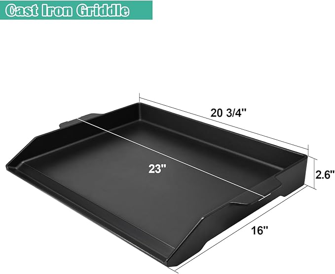 Hiorucet 23'' x 16'' Cast Iron Griddle for Gas Grills and Range Oven, Large Flat Top Universal BBQ Cooking Grill Griddle Pan Insert with Handles for Indoor/Outdoor, Camping, Tailgating, Parties.