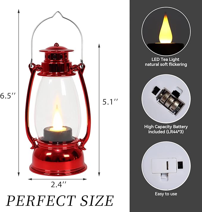 Christmas Mini Lanterns 6-Pcs LED Small Lanterns Indoor Red Lanterns Decorative Outdoor Hanging Lantern Decorative Candle Lanterns Farmhouse Decor for Weddings Party Halloween Xmas Decor