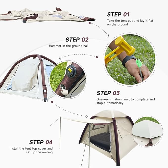 Automatic Large Tent for Camping 4 Person, Waterproof Tents for Camping, Windproof Inflatable Tents with Mosquito Screen Window, Camping Tent for Traveling, Beach