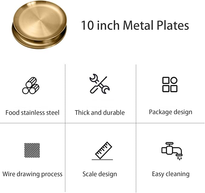 Stainless Steel Plates Metal Gold Dinner Plates Unbreakable Dinner Dishes Plates Set for Barbecue Kitchen Home Camping Outdoor Party (9inch 10Pcs)