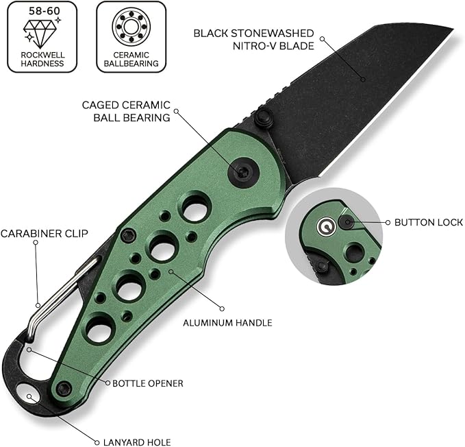 CIVIVI Pragma Folding Knife, Pocket Knife Multitool with EDC Carabiner, Bottle Opener, 2.2" Nitro-V Blade Aluminum Handle, Ideal Gift for Men Women C23062B-3 (Green)