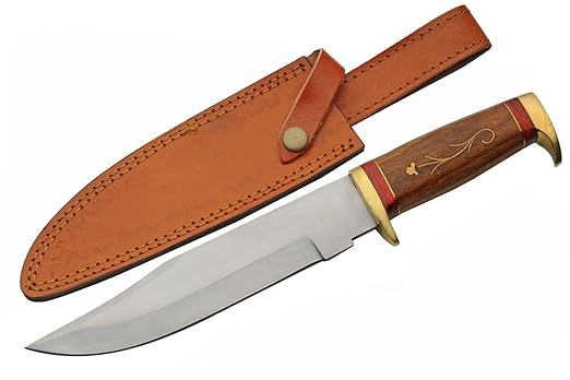 SZCO Full Tang Hunting Knife 12.25 Inch - Pocket Knife with Stainless Steel Blade, Inlay Wood Handle & Leather Sheath - Camping Knife for hunting and Hiking - Skinning knife for Men