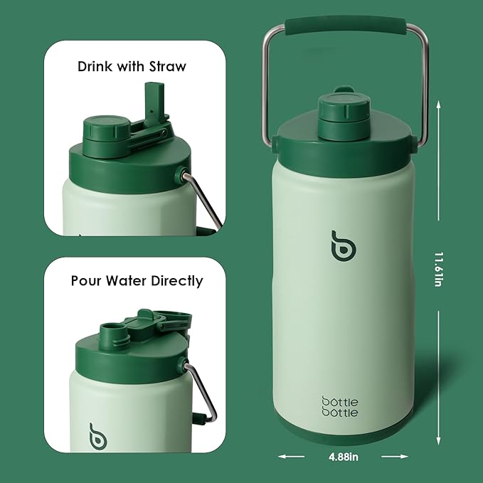 BOTTLE BOTTLE Insulated Water Bottle 64 oz with Straw and Dual-use Lid Half Gallon Water Jug Vacuum Stainless Steel for Workout Sports Insulated Beer Growler with Handle and Pills Holder Green
